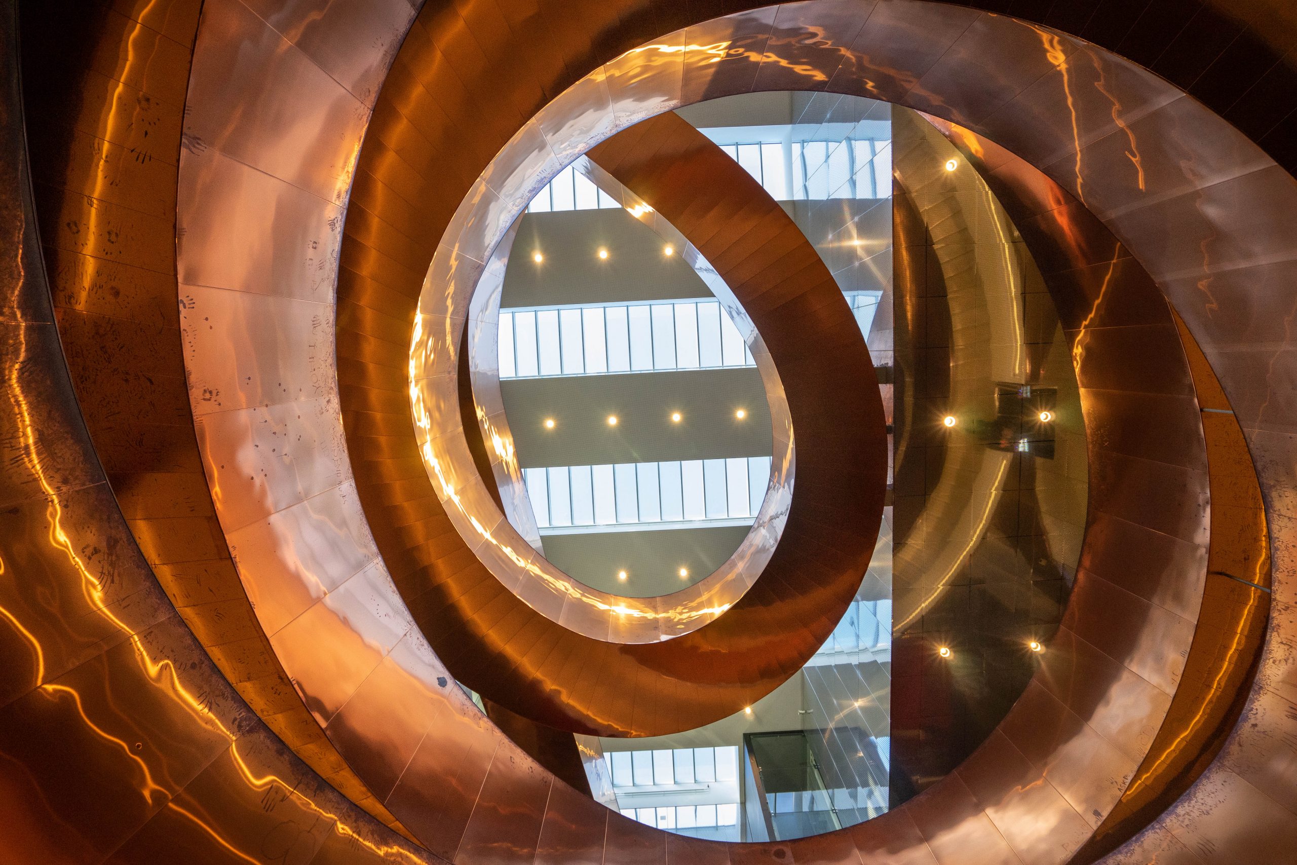 The copper Helix spiral staircase inside Experimentarium